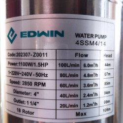 Borehole Irrigation Pump 4SSM4/14, Outlet: 1 1/4 inch, 1.1kW, 220V